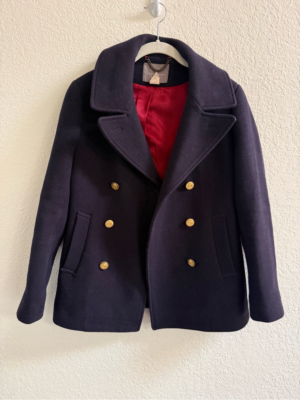 J. Crew Italian Wool Navy Blue Double-Breasted Peacoat with Gold Buttons